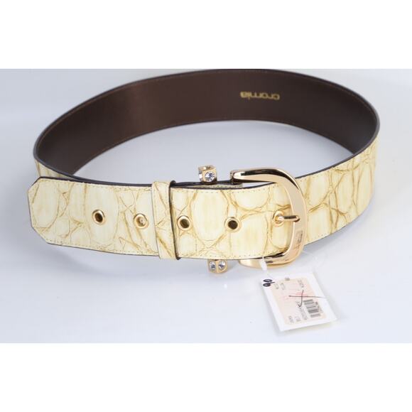 Wide Croc Embossed Leather Belt Size 46 Cream Gold Crystal Buckle main image 13